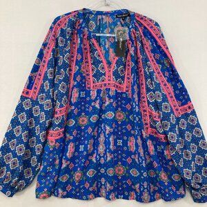 New Tolani Collection size 2X Blouse Pink Blue Boho V Neck Puff Sleeve Festival